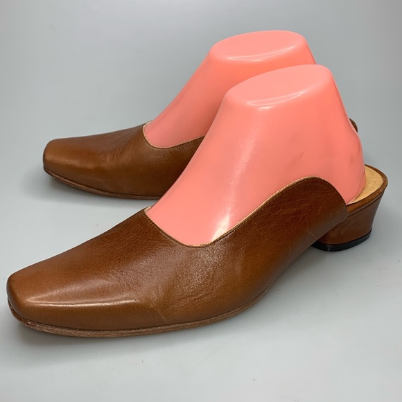 brown leather mules heels